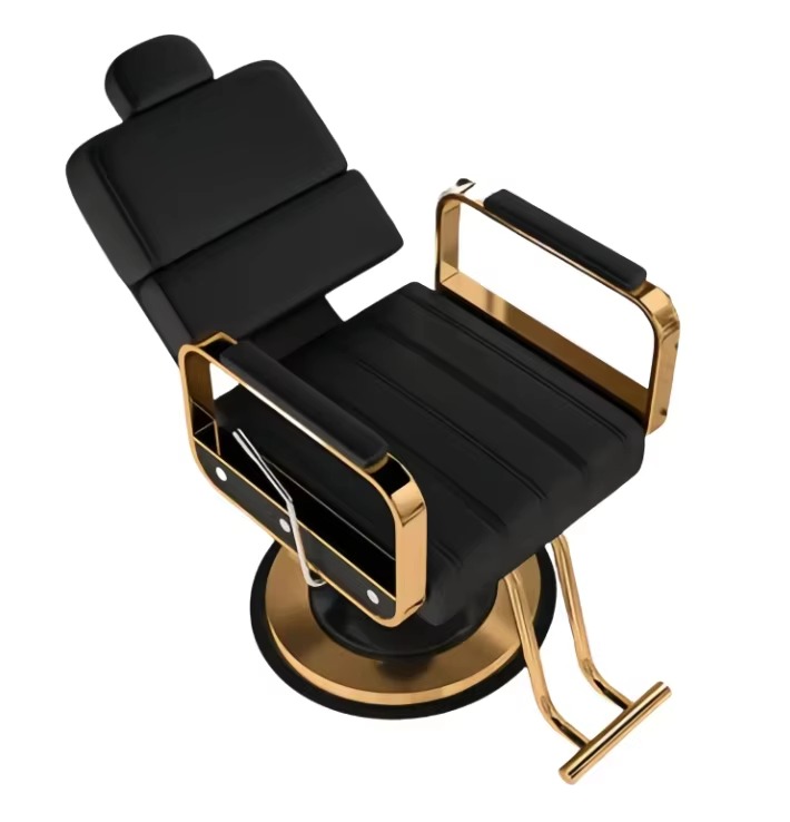 Reclining hydraulic pump black gold barber Chair